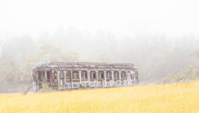Old Trolley in the Fog Retired trolley in morning fog at Fidalgo Bay near Anacortes, Washington – Fred Gerendasy Photography