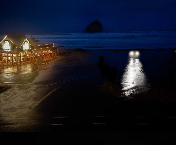 Vehicle headlights illuminating Oregon coast shoreline before sunrise – Fred Gerendasy Photography