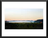 Framed fine art print of a rustic red barn with dusk fog in Skagit Valley – Fred Gerendasy Photography