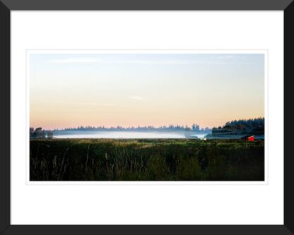 Framed fine art print of a rustic red barn with dusk fog in Skagit Valley – Fred Gerendasy Photography