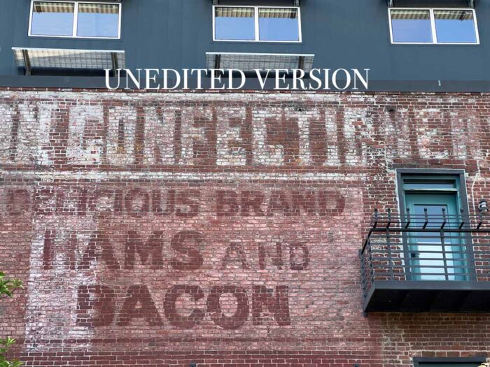Unedited version of Hams and Bacon on the Brick Wall by Fred Gerendasy Photography – original capture of abstract patterns in old brickwork
