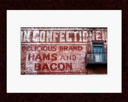 Framed Hams and Bacon on the Brick Wall print by Fred Gerendasy Photography – archival art print of aged brick textures in gallery-quality frame