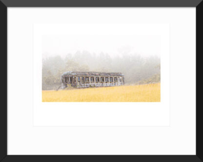 Framed Retired trolley in morning fog at Fidalgo Bay near Anacortes, Washington – Fred Gerendasy Photography