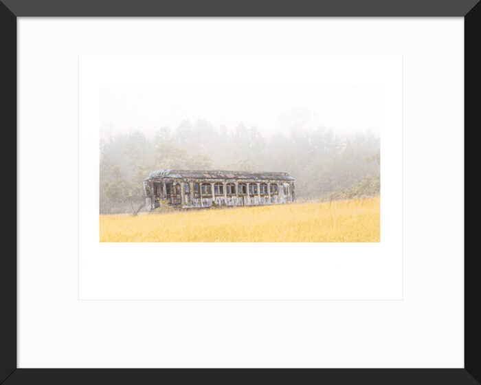 Framed Retired trolley in morning fog at Fidalgo Bay near Anacortes, Washington – Fred Gerendasy Photography
