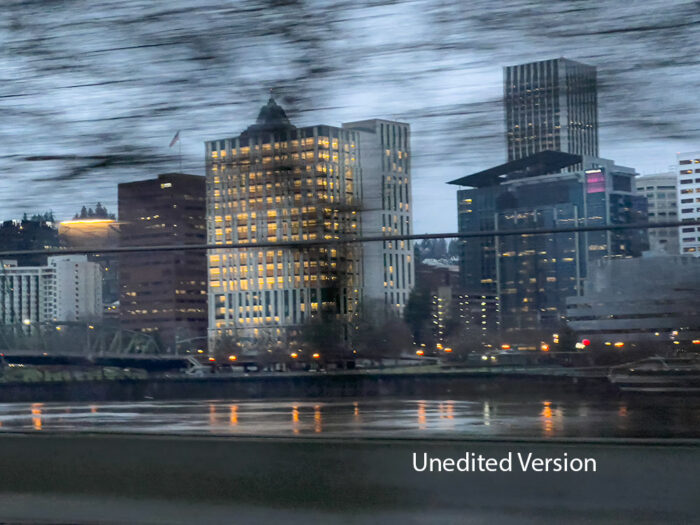 Unedited version of Passing By by Fred Gerendasy Photography – original image of moving city lights and pole patterns at dusk