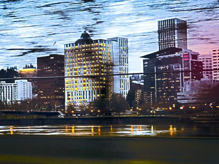 Passing By archival pigment print by Fred Gerendasy Photography – surreal cityscape with light trails and vertical poles in motion