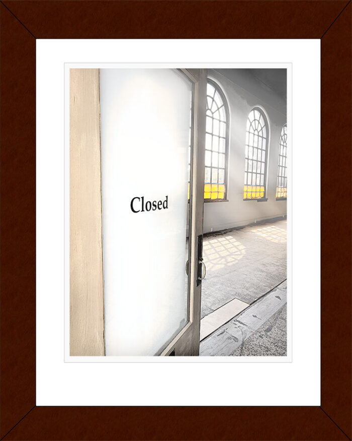 Closed by Fred Gerendasy Photography – original photo of ajar door and cathedral-style light in quiet interior