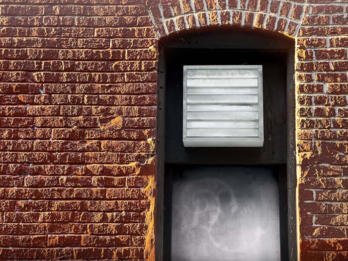 Red Brick – Window Blind archival pigment print by Fred Gerendasy Photography – window detail framed in weathered red brick