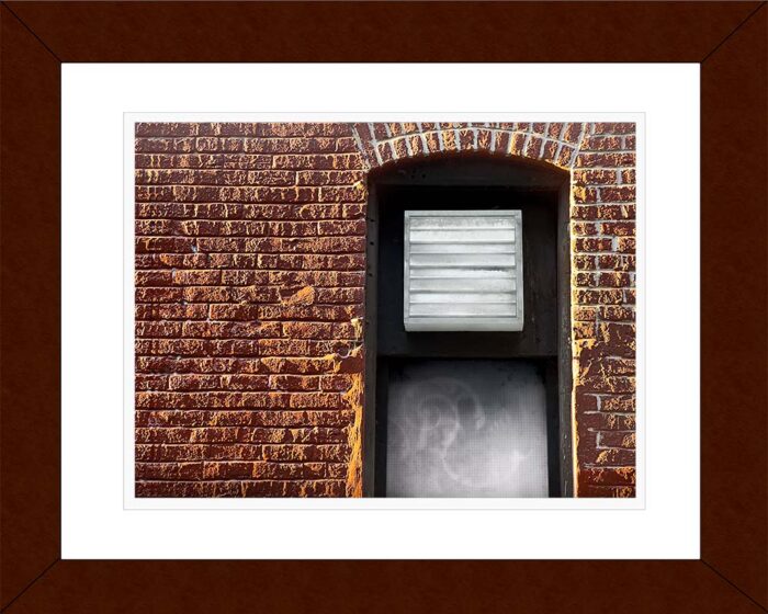Framed Red Brick – Window Blind print by Fred Gerendasy Photography – fine art architectural detail presented in gallery-quality frame
