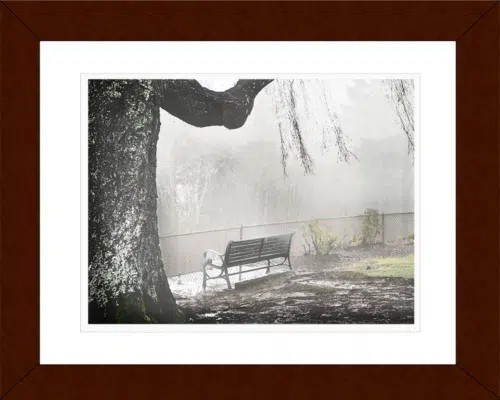 Framed artwork of The Fog and The Bench by Fred Gerendasy Photography – fine art photograph in museum-style presentation