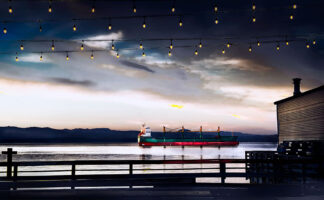 Ship At Sunset archival pigment print by Fred Gerendasy Photography – fine art seascape featuring a tranquil ship against a glowing horizon