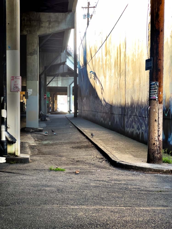Maarrow street under an underpass in Portland neighborhood